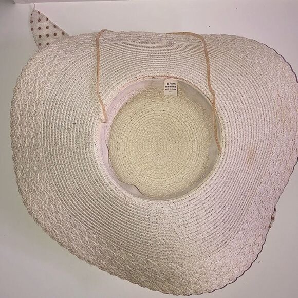 Paper Straw Hat Floppy Wide Brim Color Beige W/ Beautiful Polka Dotted Ribbon - Picture 5 of 6